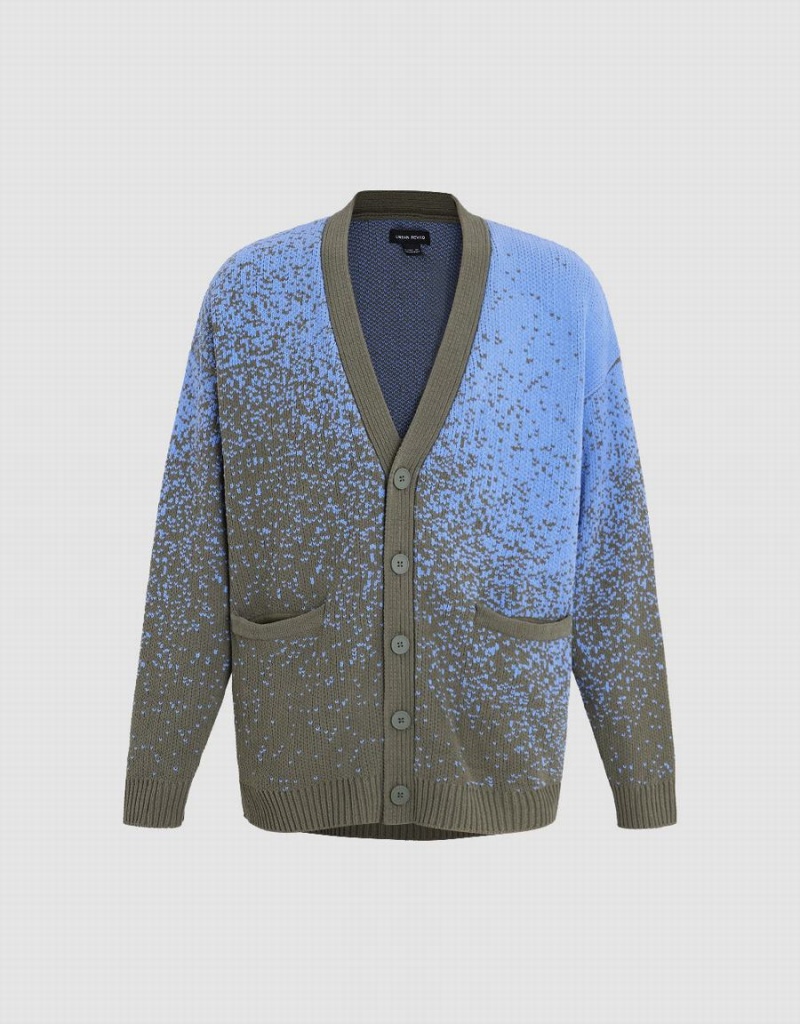 Cardigan Urban Revivo Printed V-Neck Tricoté Homme Bleu Multicolore | QXM3725JL