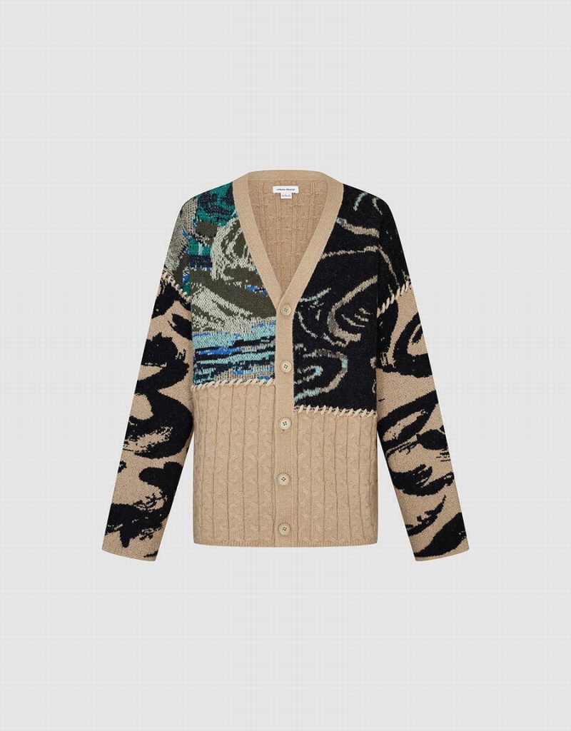 Cardigan Urban Revivo Printed V-Neck Tricoté Homme Marron Noir | RLJ159NZ