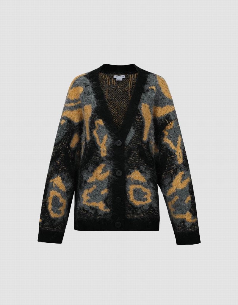 Cardigan Urban Revivo Printed V-Neck Tricoté Femme Noir Multicolore | RAB1473RO