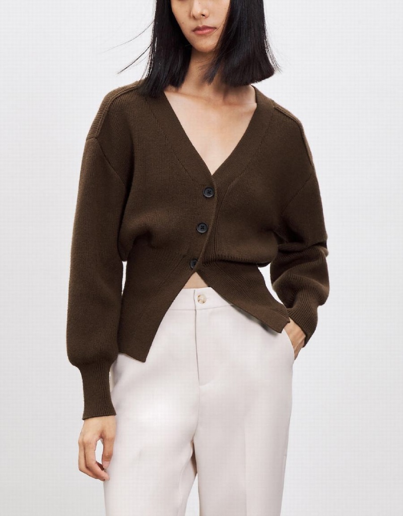 Cardigan Urban Revivo Puff Sleeve V-Neck Tricoté Femme Marron | QOO768BA