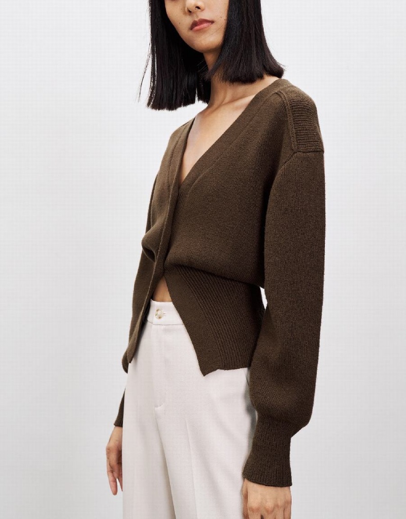 Cardigan Urban Revivo Puff Sleeve V-Neck Tricoté Femme Marron | QOO768BA