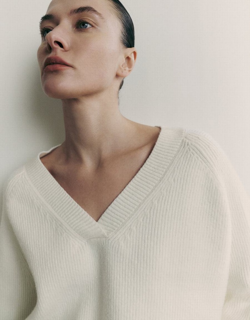Cardigan Urban Revivo Raglan Sleeve V-Neck Tricoté Femme Blanche | ZXL4157DF