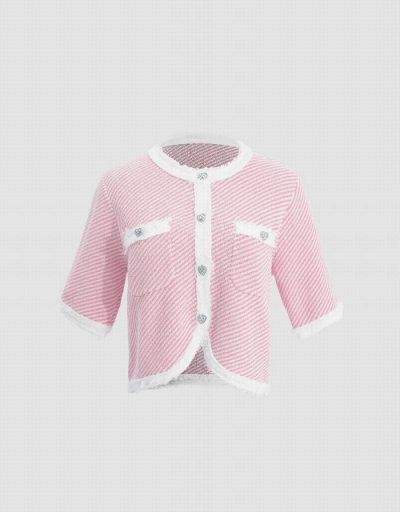 Cardigan Urban Revivo Raw Hem Crew Neck Tricoté Femme Rose | ZIR8957XY