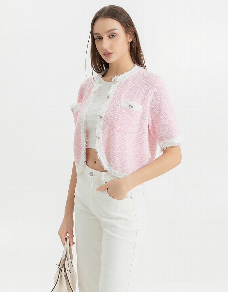 Cardigan Urban Revivo Raw Hem Crew Neck Tricoté Femme Rose | ZIR8957XY