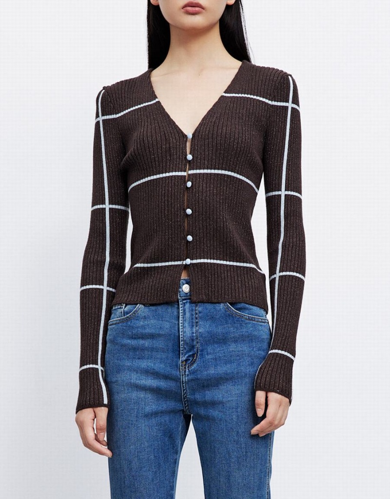 Cardigan Urban Revivo Rayé Button Up Femme Kaki Marron | OEJ738UW