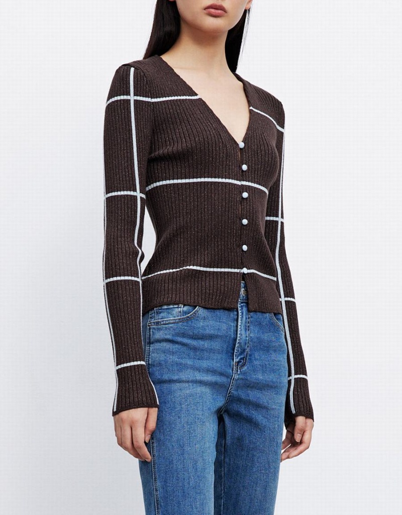 Cardigan Urban Revivo Rayé Button Up Femme Kaki Marron | OEJ738UW