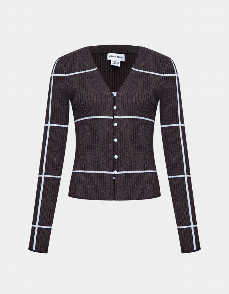 Cardigan Urban Revivo Rayé Button Up Femme Kaki Marron | OEJ738UW