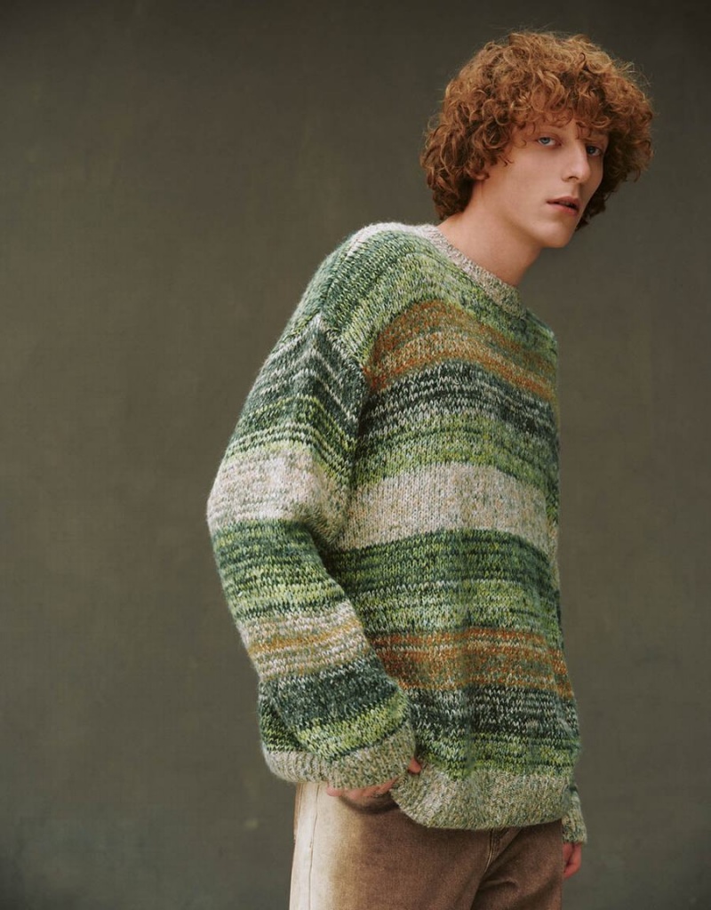 Cardigan Urban Revivo Rayé Crew Neck Tricoté Homme Vert Multicolore | GWB2079HR