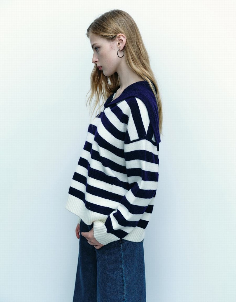 Cardigan Urban Revivo Rayé Lapel Tricoté Femme Bleu | KTN9573BW