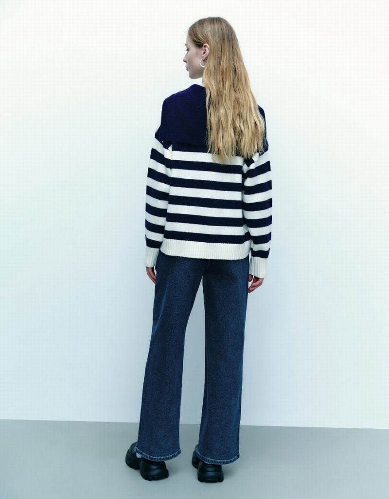Cardigan Urban Revivo Rayé Lapel Tricoté Femme Bleu | KTN9573BW