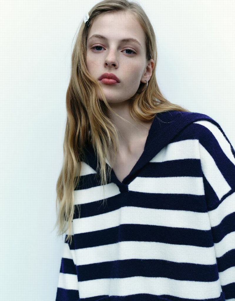 Cardigan Urban Revivo Rayé Lapel Tricoté Femme Bleu | KTN9573BW
