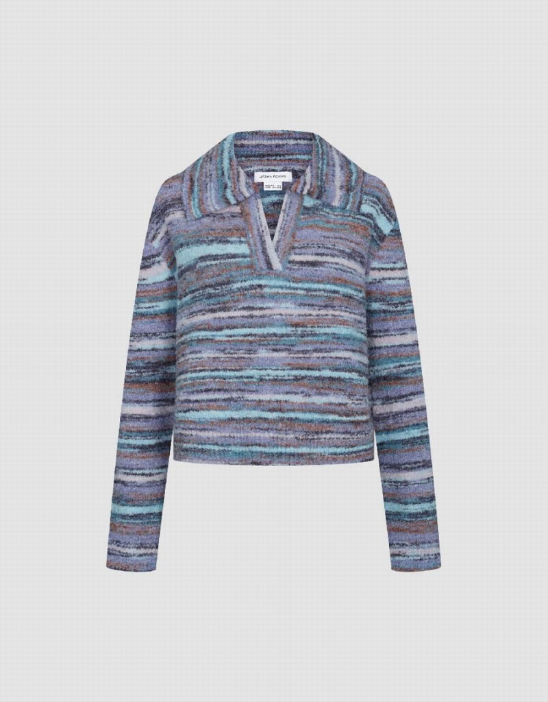 Cardigan Urban Revivo Rayé Lapel Tricoté Femme Bleu | LOV4153CM