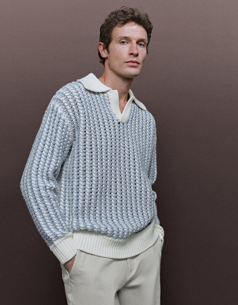 Cardigan Urban Revivo Rayé Two Toned Tricoté Homme Bleu Clair | JZF457MW