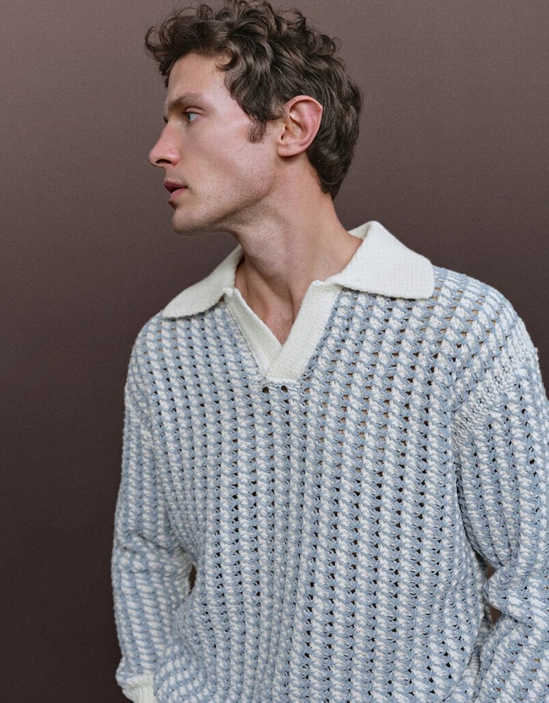 Cardigan Urban Revivo Rayé Two Toned Tricoté Homme Bleu Clair | JZF457MW