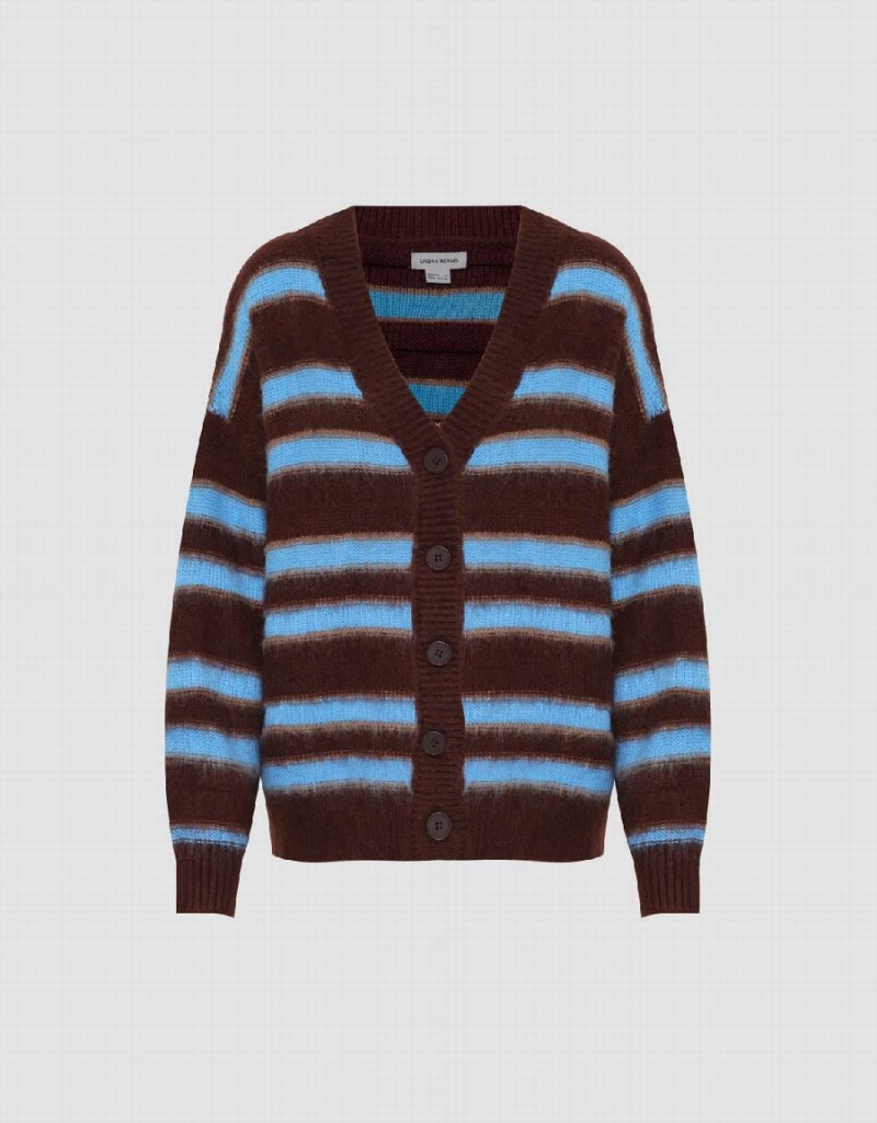 Cardigan Urban Revivo Rayé V-Neck Tricoté Femme Bleu | WFI5874FZ