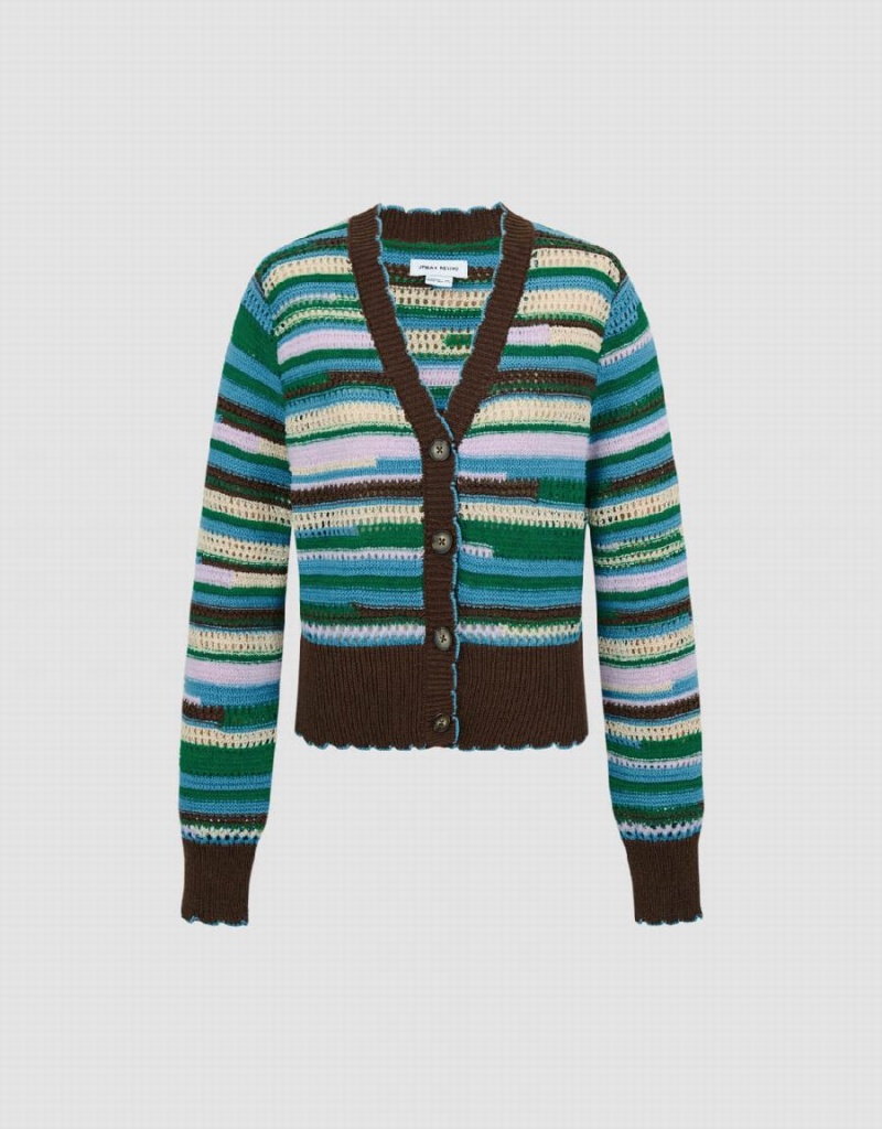 Cardigan Urban Revivo Rayé V-Neck Tricoté Femme Bleu Multicolore | RYJ5957JX