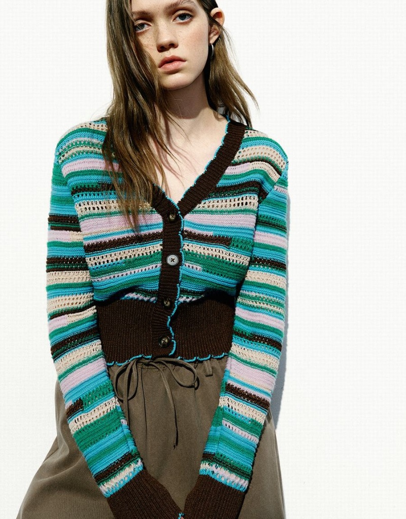 Cardigan Urban Revivo Rayé V-Neck Tricoté Femme Bleu Multicolore | RYJ5957JX