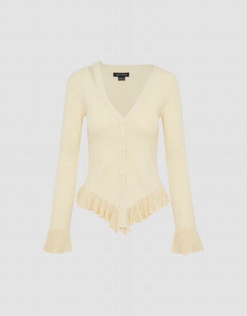 Cardigan Urban Revivo Ruffle Hem V-Neck Tricoté Femme Beige | WEX5854BG