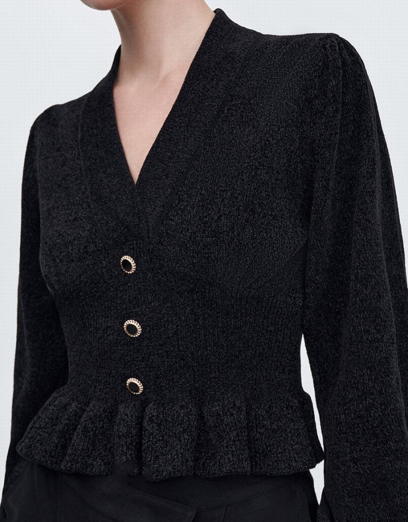 Cardigan Urban Revivo Ruffle Tricoté Top Femme Noir | COB7352OW
