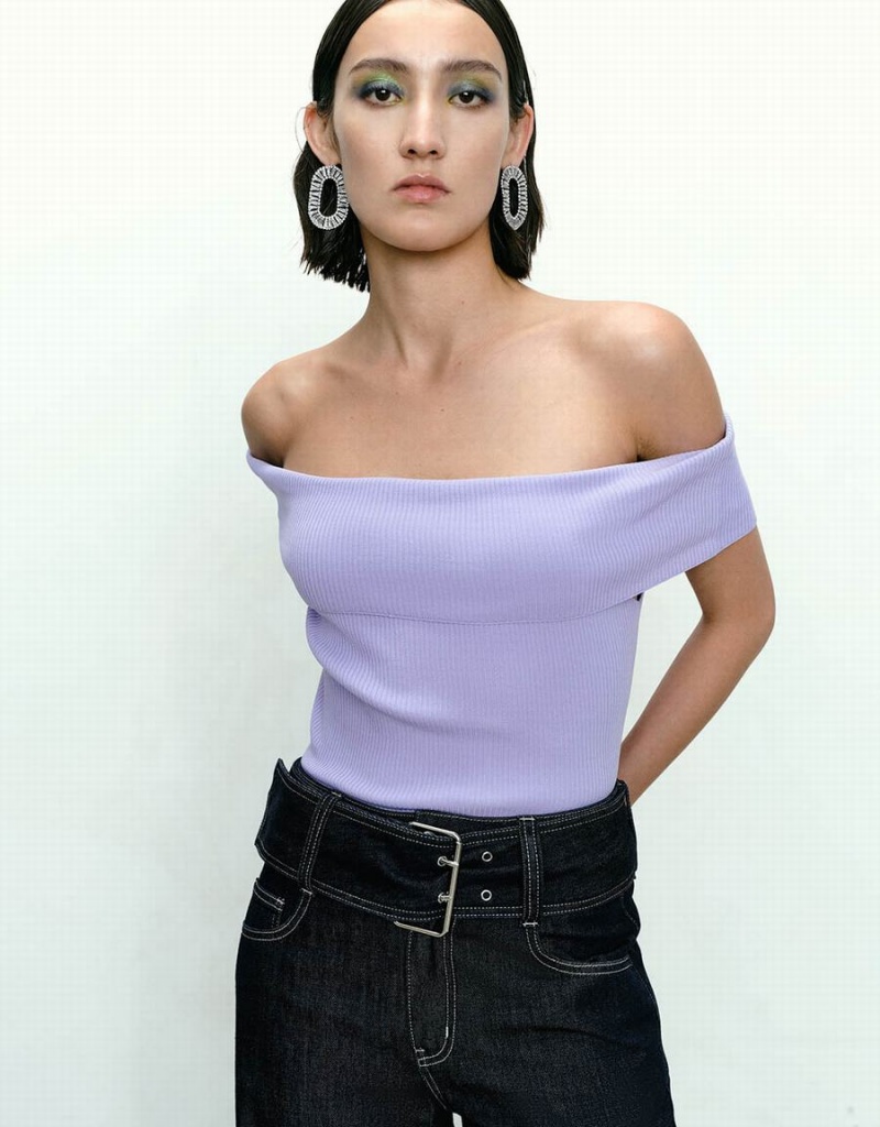 Cardigan Urban Revivo Sans Manches Off-Shoulder Tricoté Femme Violette | LZE6747BU