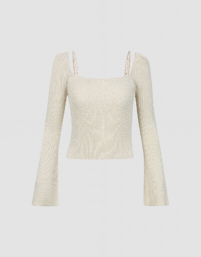 Cardigan Urban Revivo Square-cut Collar Tricoté Femme Blanche | SBT4147TK