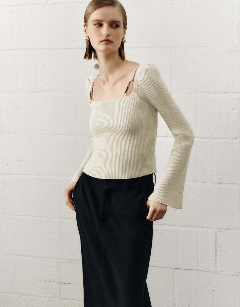 Cardigan Urban Revivo Square-cut Collar Tricoté Femme Blanche | SBT4147TK