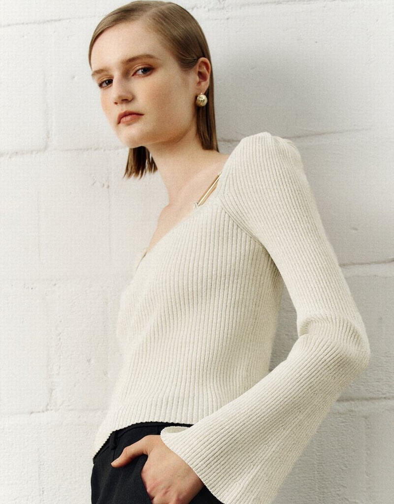 Cardigan Urban Revivo Square-cut Collar Tricoté Femme Blanche | SBT4147TK