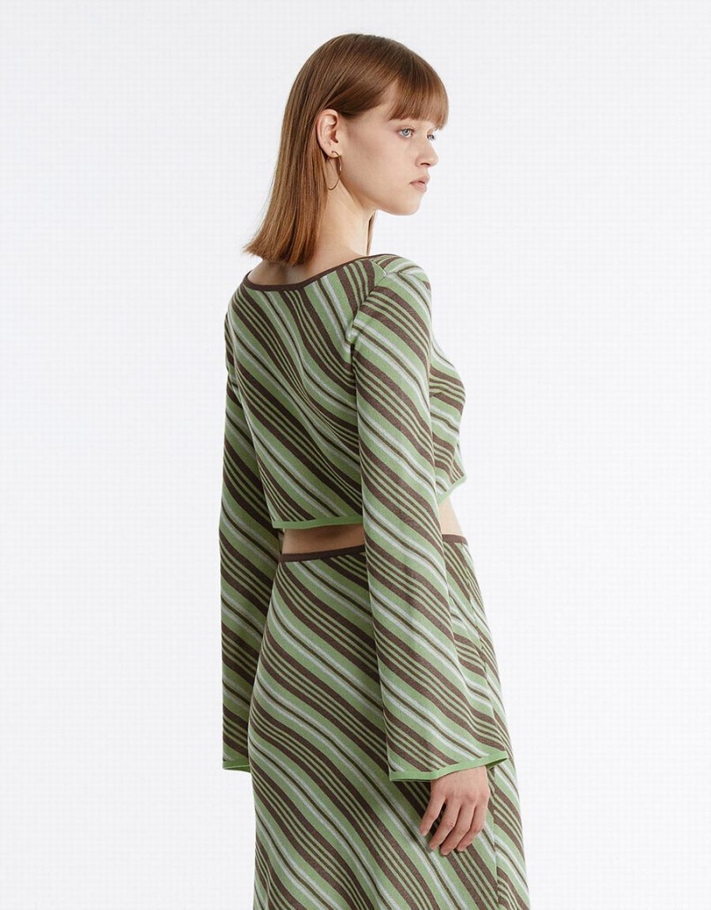 Cardigan Urban Revivo Stripped Cropped Femme Vert Multicolore | RNW2141UX