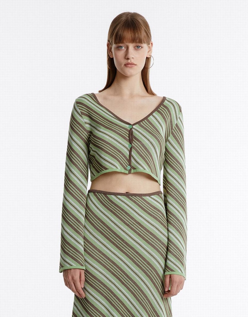 Cardigan Urban Revivo Stripped Cropped Femme Vert Multicolore | RNW2141UX