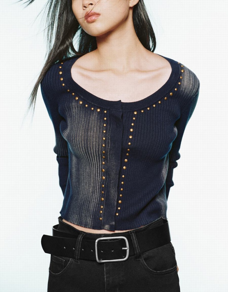 Cardigan Urban Revivo Studded Decor Tricoté Femme Bleu | OOR470ZC