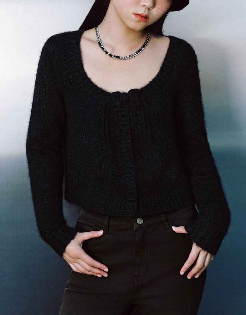 Cardigan Urban Revivo Tie Front Crew Neck Tricoté Femme Noir | EKR149IS