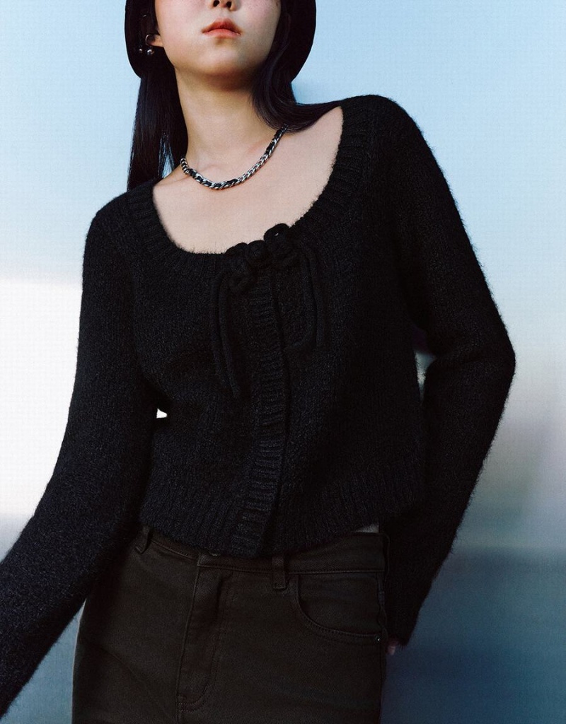 Cardigan Urban Revivo Tie Front Crew Neck Tricoté Femme Noir | EKR149IS