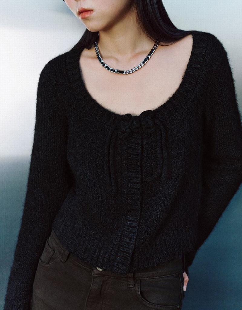 Cardigan Urban Revivo Tie Front Crew Neck Tricoté Femme Noir | EKR149IS