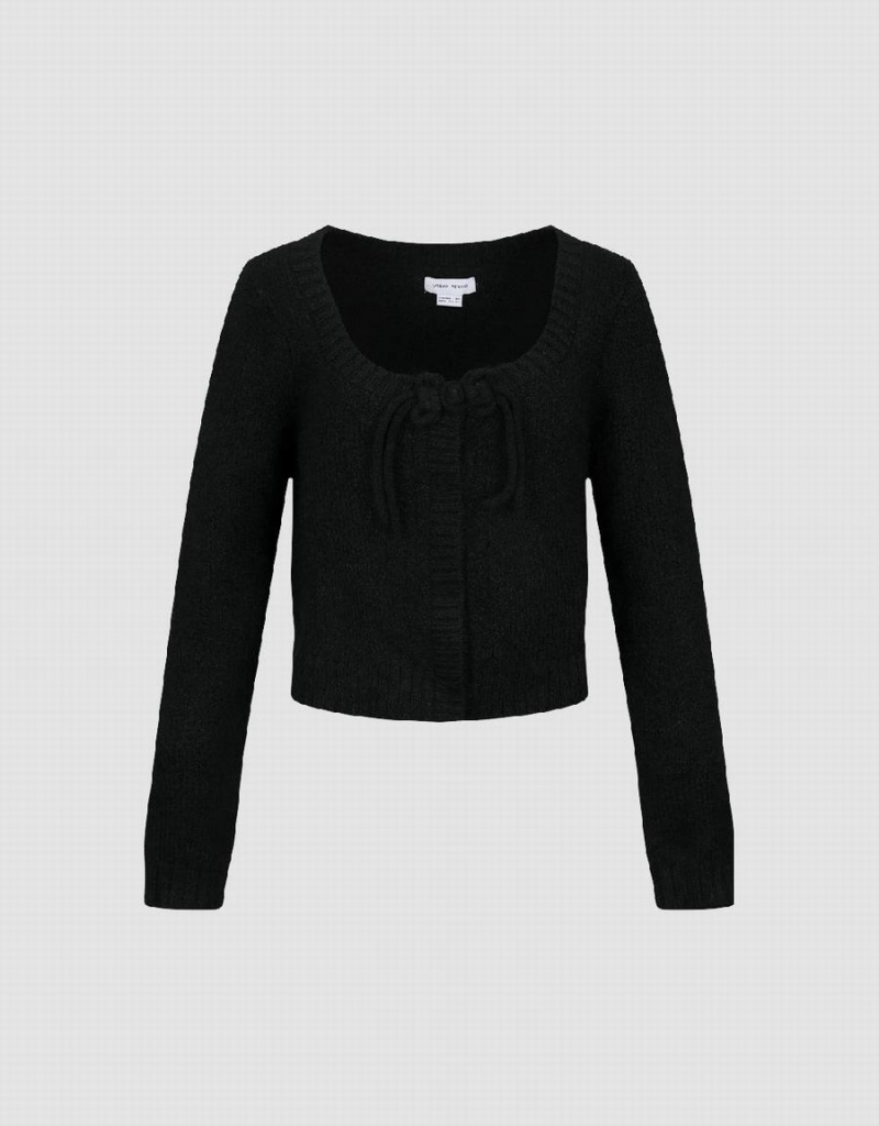 Cardigan Urban Revivo Tie Front Crew Neck Tricoté Femme Noir | EKR149IS