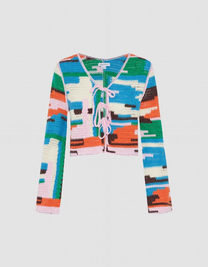 Cardigan Urban Revivo Tie Front Rayé V-Neck Tricoté Femme Multicolore | ZOW7415GL
