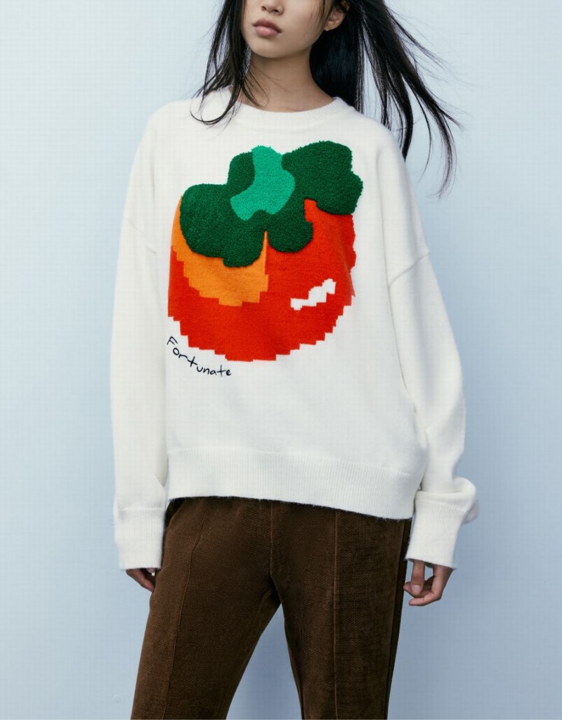 Cardigan Urban Revivo Tomato Print Knit Femme Blanche | IFD6873BA