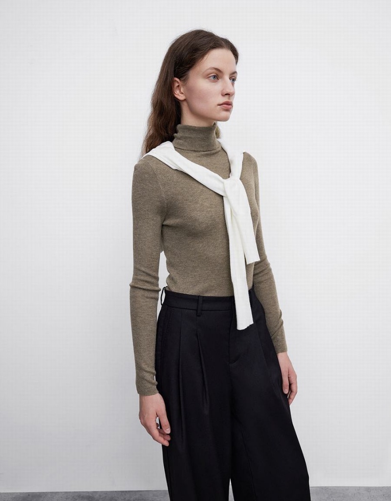 Cardigan Urban Revivo Turtle Neck Mince Tricoté Femme Kaki | MPN7067SB