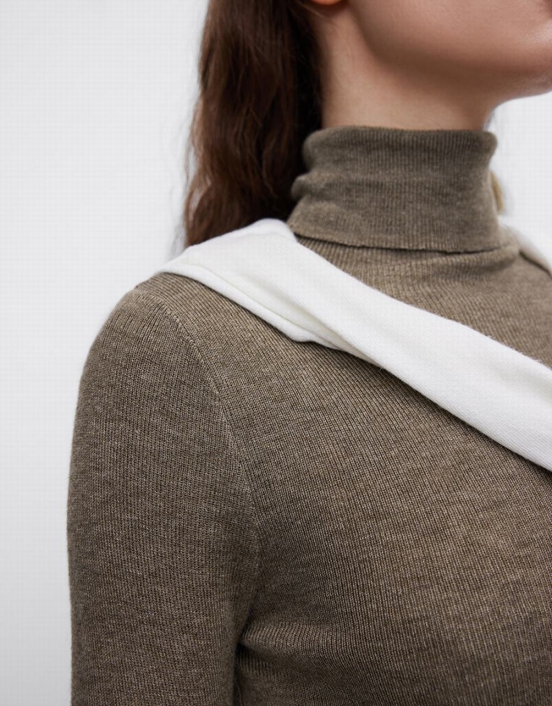 Cardigan Urban Revivo Turtle Neck Mince Tricoté Femme Kaki | MPN7067SB