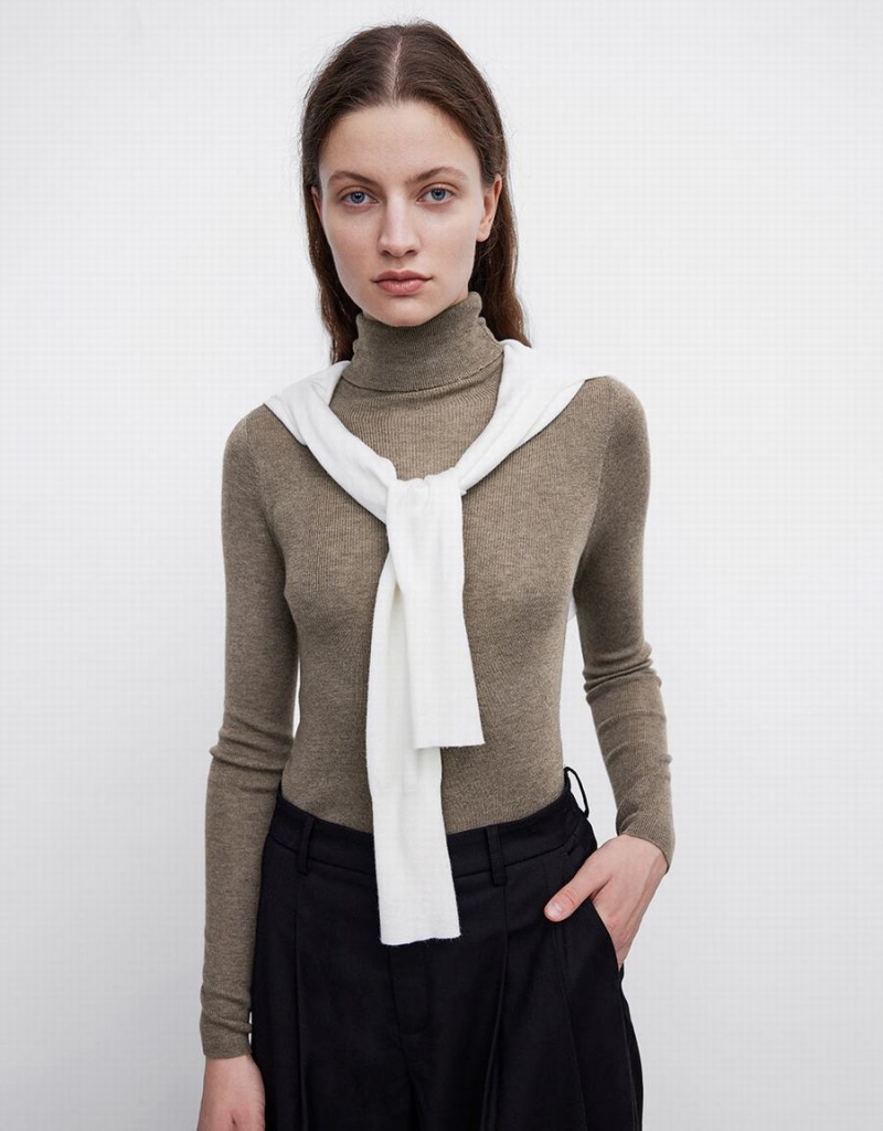 Cardigan Urban Revivo Turtle Neck Mince Tricoté Femme Kaki | MPN7067SB