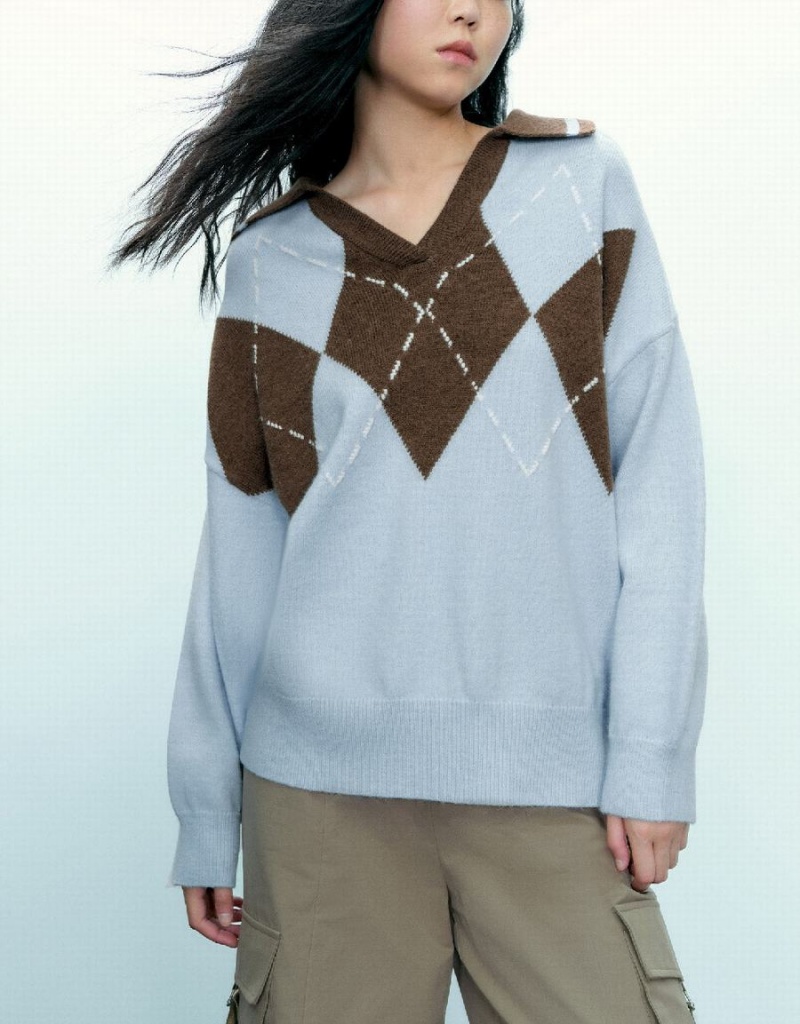 Cardigan Urban Revivo Two-Toned Tricoté Femme Bleu | ANJ2383LR