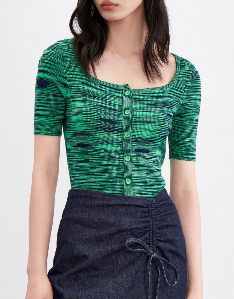 Cardigan Urban Revivo U Neck Button Front Mince Femme Vert Clair | MIA6567FM