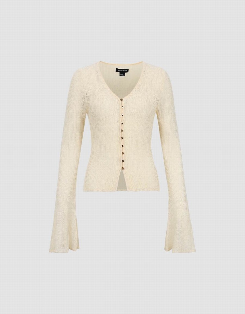 Cardigan Urban Revivo V-Neck Mince Tricoté Femme Beige | GHM7247HX