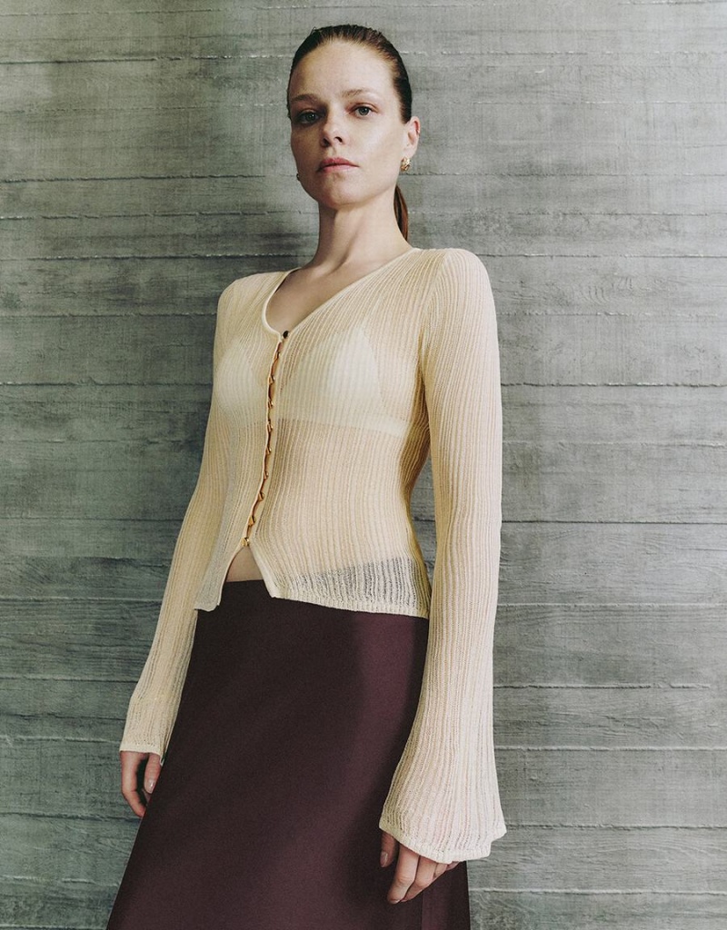 Cardigan Urban Revivo V-Neck Mince Tricoté Femme Beige | GHM7247HX