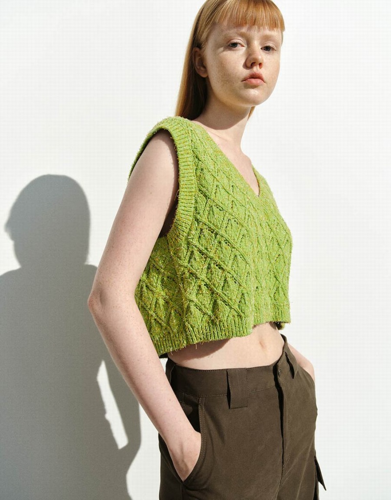 Cardigan Urban Revivo V-Neck Tricoté Femme Vert | RGB4379EA