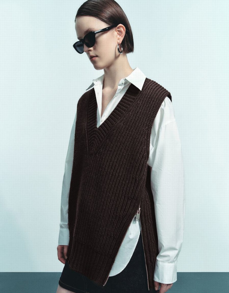 Cardigan Urban Revivo V-Neck Tricoté Femme Marron Foncé | TPJ6722HK