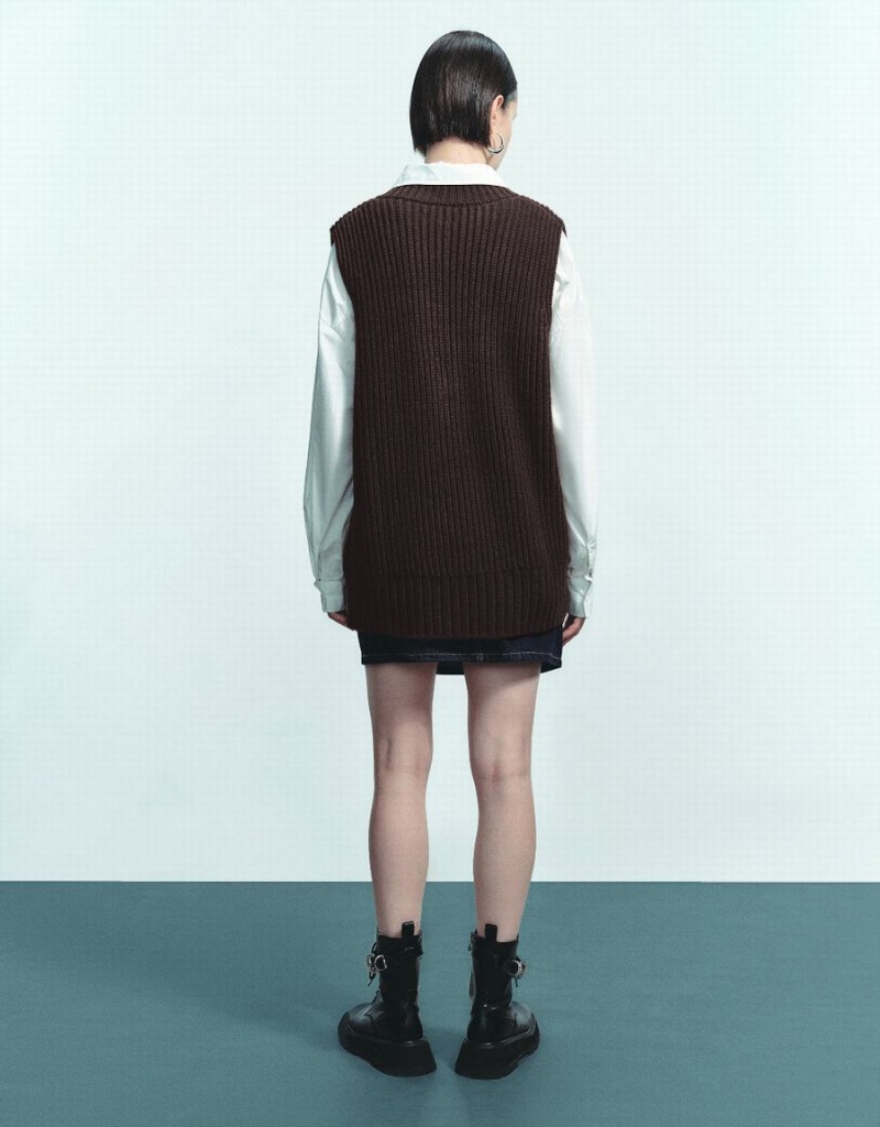Cardigan Urban Revivo V-Neck Tricoté Femme Marron Foncé | TPJ6722HK