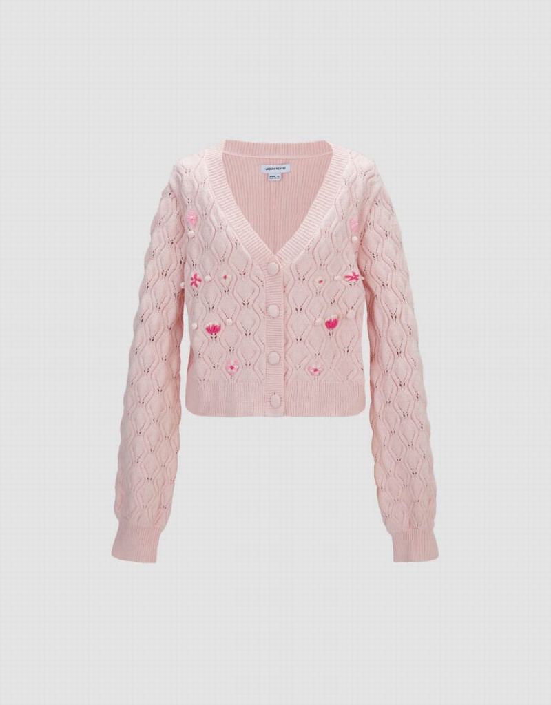 Cardigan Urban Revivo V-Neck Tricoté Femme Rose | ZYG5081VR