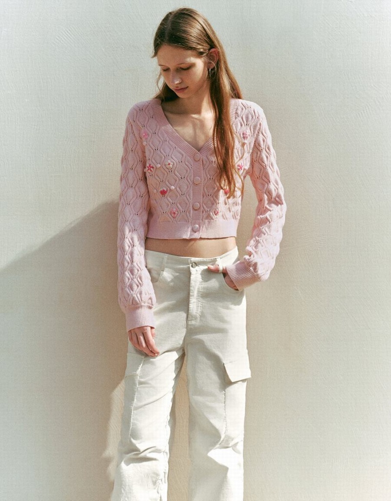 Cardigan Urban Revivo V-Neck Tricoté Femme Rose | ZYG5081VR