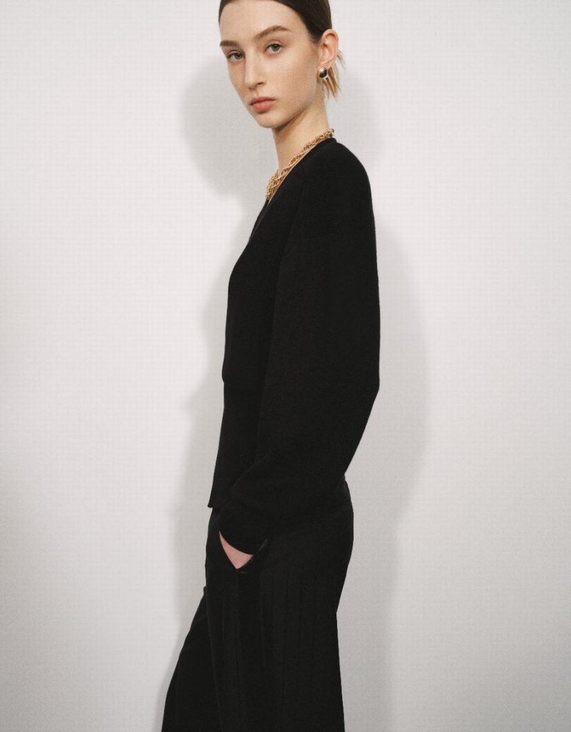 Cardigan Urban Revivo V-Neck Tricoté Femme Noir | JRS2565KQ