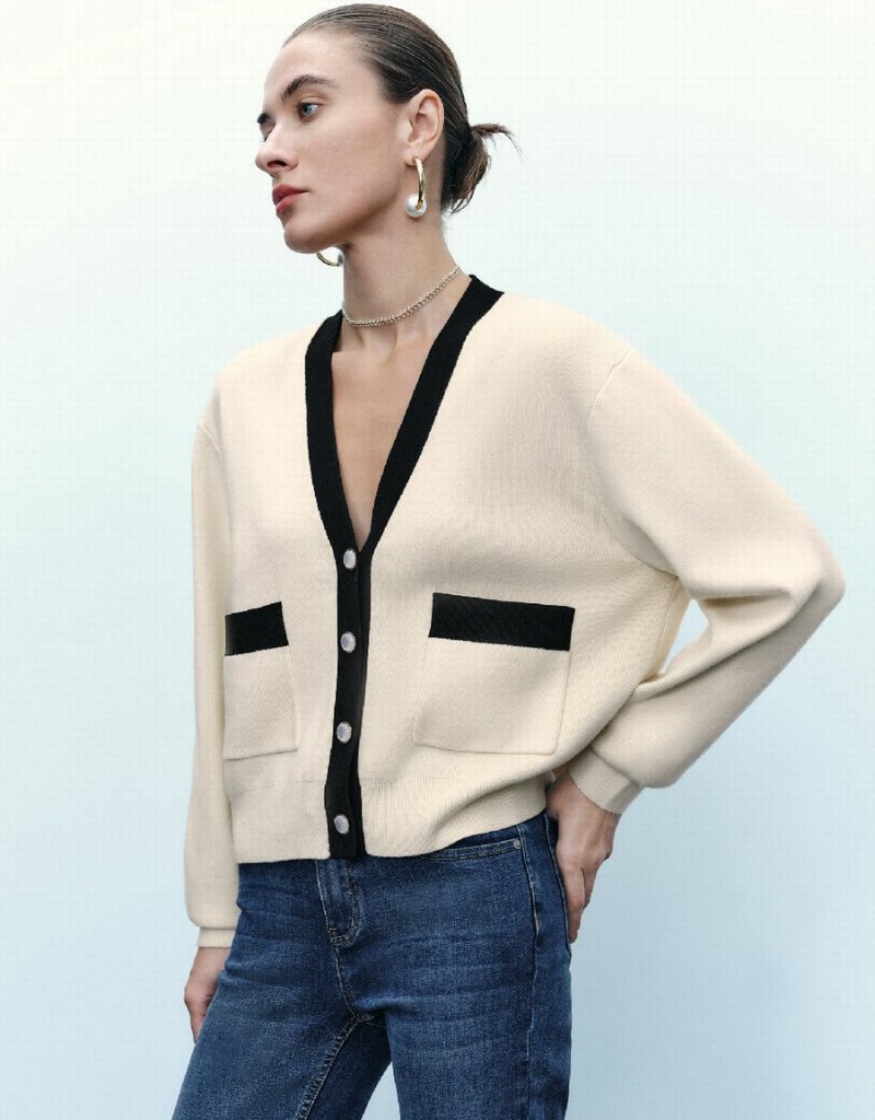 Cardigan Urban Revivo V-Neck Tricoté Femme Beige | GOD9557YI